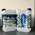 Five-liter diesel exhaust fluid containers with dedicated refill spout