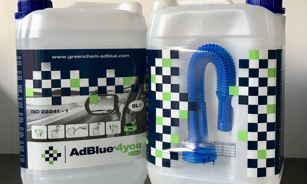 ive-liter container of diesel exhaust fluid made from automotive-grade urea and purified water
