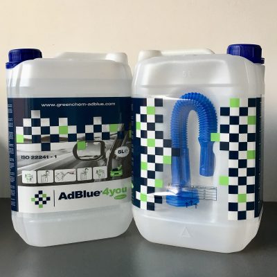 ive-liter container of diesel exhaust fluid made from automotive-grade urea and purified water