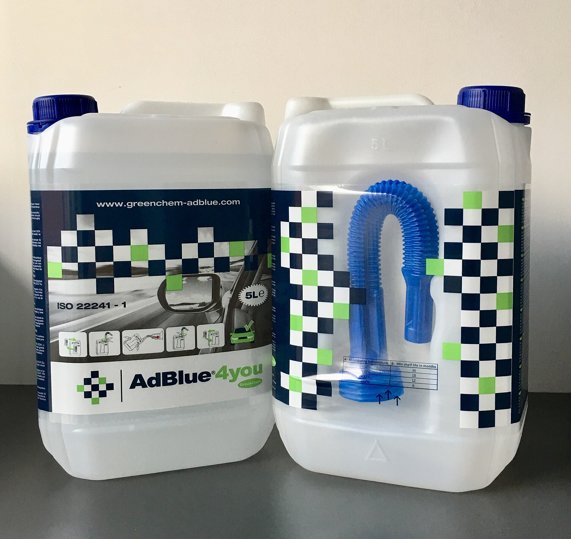 Five-liter container of diesel exhaust fluid made from automotive-grade urea and purified water