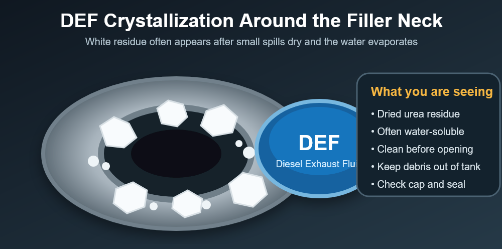 White DEF crystals around a blue diesel exhaust fluid filler neck