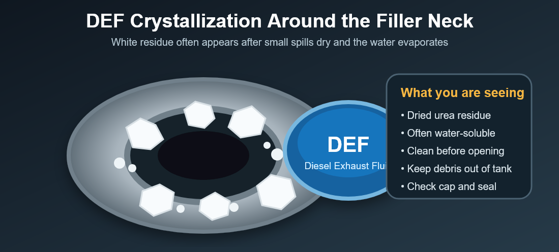 White DEF crystals around a blue diesel exhaust fluid filler neck
