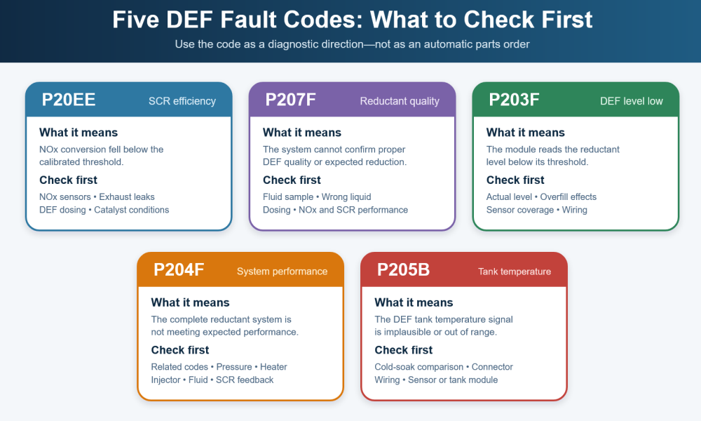 OBD diagnostic scanner displaying five common DEF fault codes