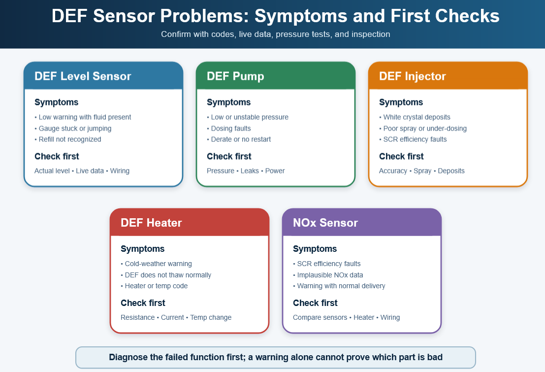 Infographic comparing DEF level sensor, pump, injector, heater and NOx sensor symptoms