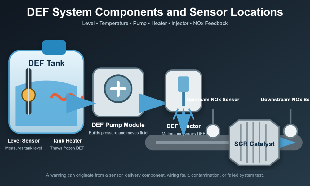 DEF system showing level sensor, heater, pump, injector and NOx sensors