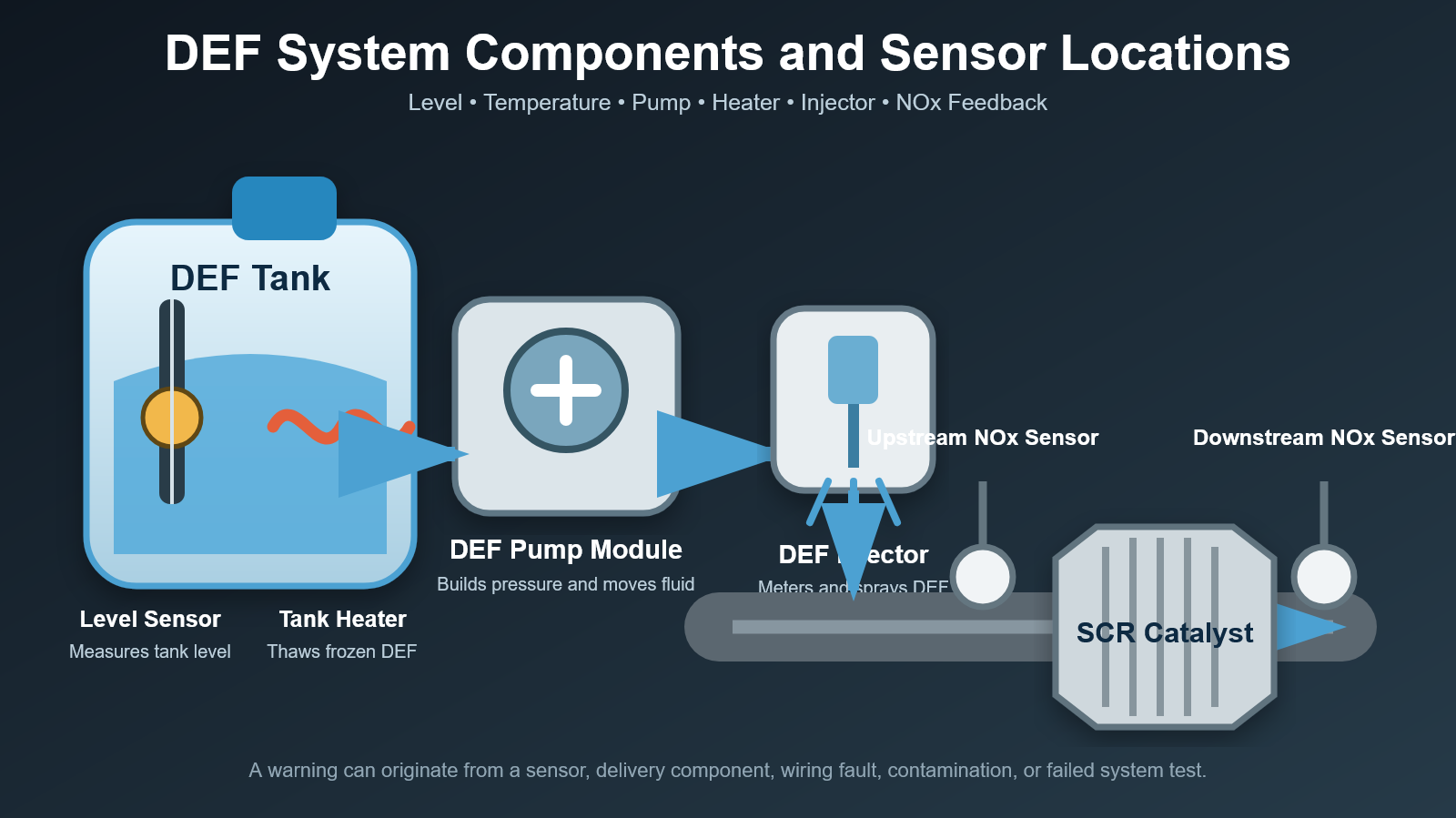 DEF system showing level sensor, heater, pump, injector and NOx sensors
