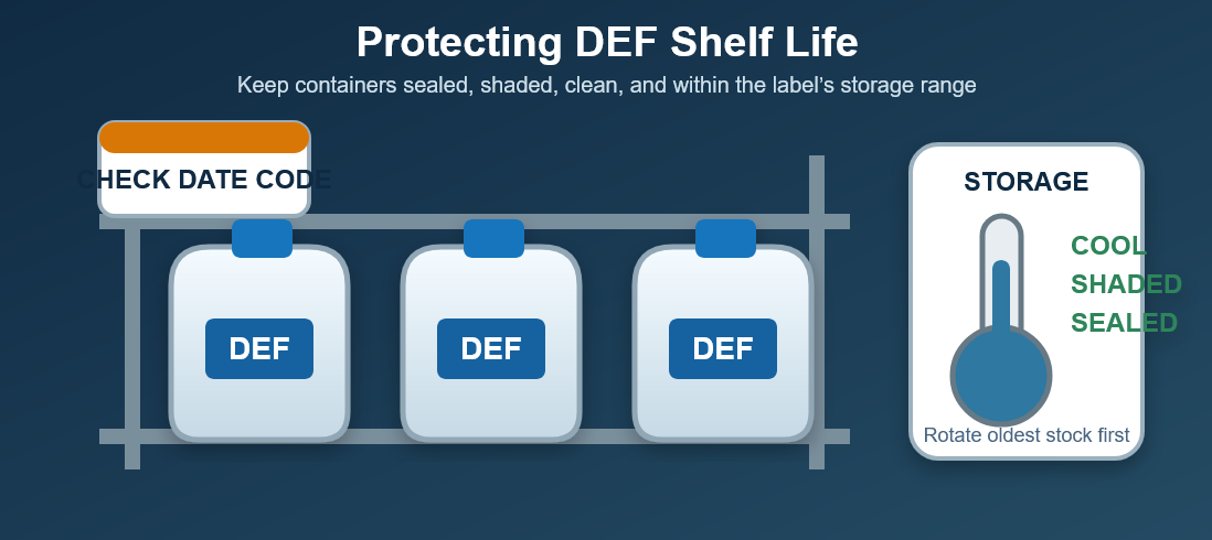 Sealed diesel exhaust fluid containers stored in a cool shaded area