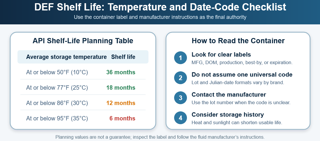 Infographic showing DEF shelf life by storage temperature and date code checks