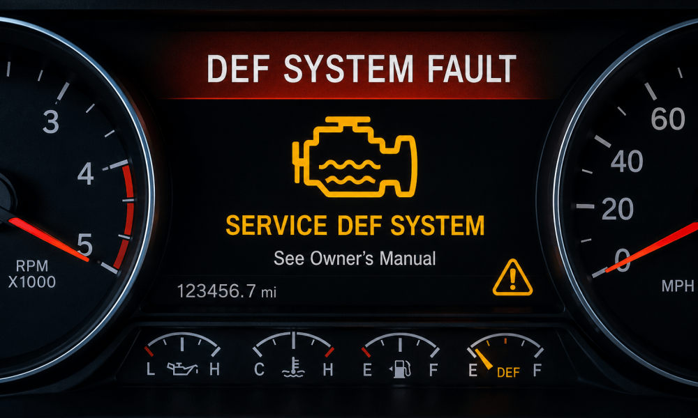 Diesel dashboard displaying a service DEF system fault warning
