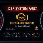 Diesel dashboard displaying a service DEF system fault warning