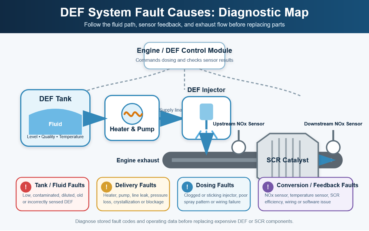 Diagnostic infographic showing common DEF system fault causes and components