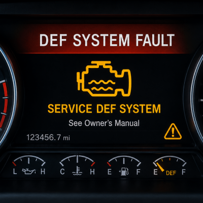 Diesel dashboard displaying a service DEF system fault warning