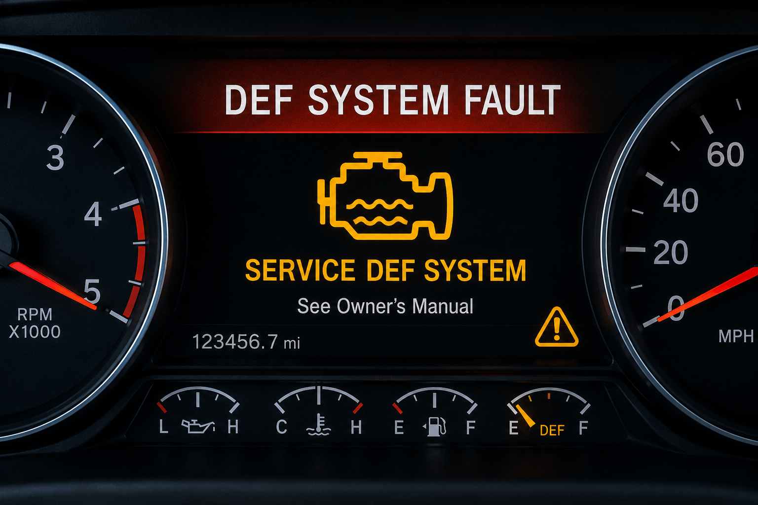Diesel dashboard displaying a service DEF system fault warning