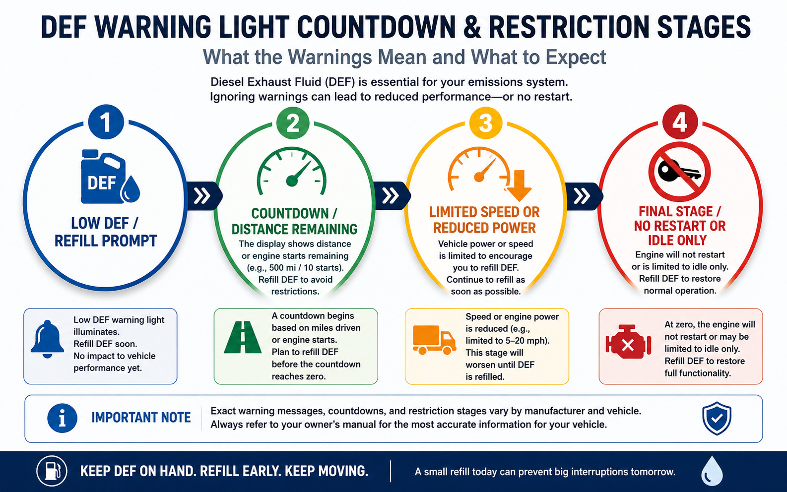 Infographic explaining DEF warning light countdown and restriction stages