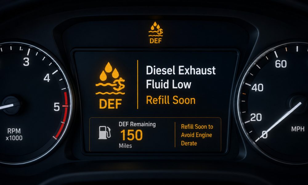 Diesel exhaust fluid warning light and low DEF message on a dashboard