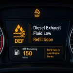 Diesel exhaust fluid warning light and low DEF message on a dashboard