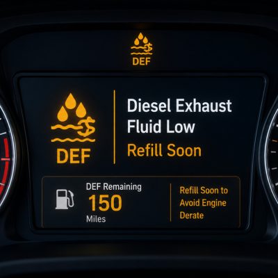 Diesel exhaust fluid warning light and low DEF message on a dashboard