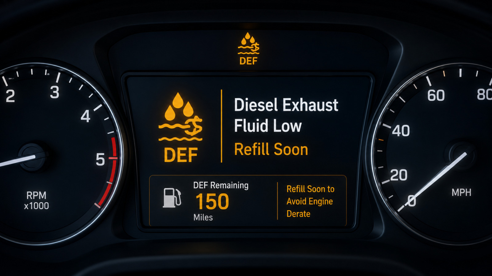 Diesel exhaust fluid warning light and low DEF message on a dashboard